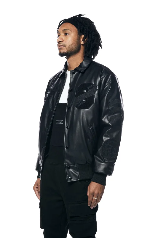 Vegan Leather Varsity Jacket - Black