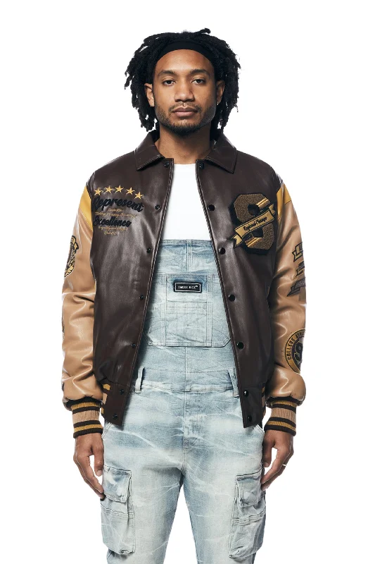 Vegan Leather Varsity Jacket - Brown