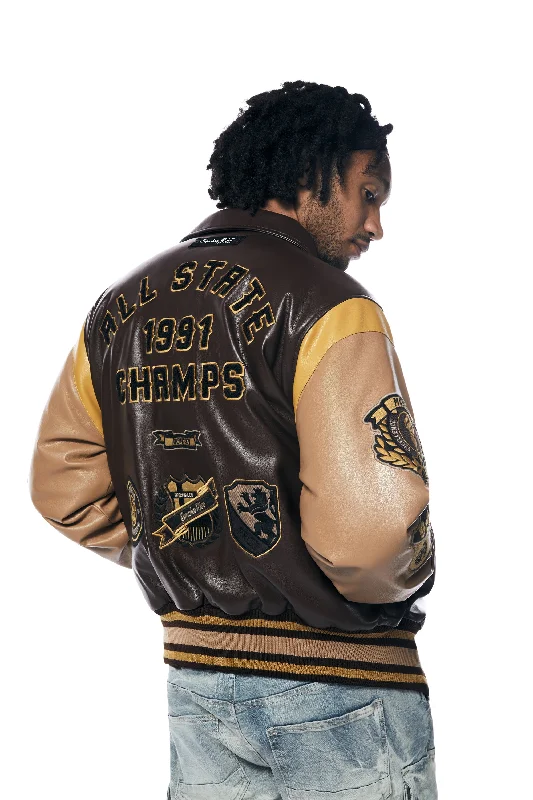 Vegan Leather Varsity Jacket - Brown