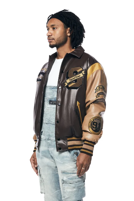 Vegan Leather Varsity Jacket - Brown