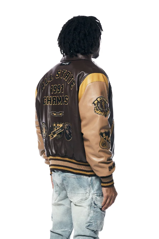 Vegan Leather Varsity Jacket - Brown