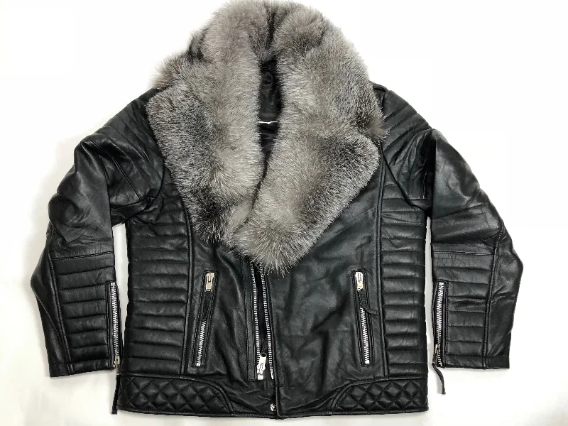 Essential Men's Puffer JacketsMen's Jay Biker Jacket Black With Full Silver Fox Collar