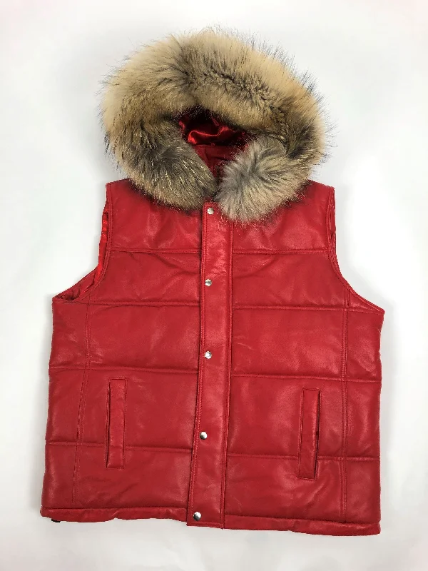 Men's Coats for TravelMen's Leather Bubble Vest With Premium Raccoon Fur Hood