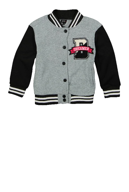 Men's Coats with Relaxed FitsLittle Girls Dreamer Bear Chenille Patch Varsity Jacket