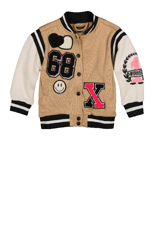 Essential Men's Puffer JacketsLittle Girls 68 Graphic Chenille Patch Varsity Jacket