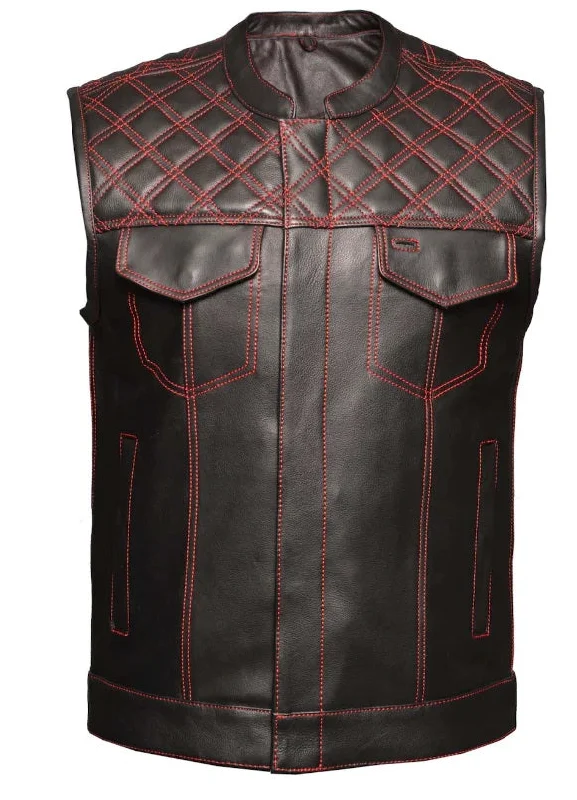 Men's Coats with Tactical Features'Unik' Men's Red Diamond Stitch Club Vest - Black / Red