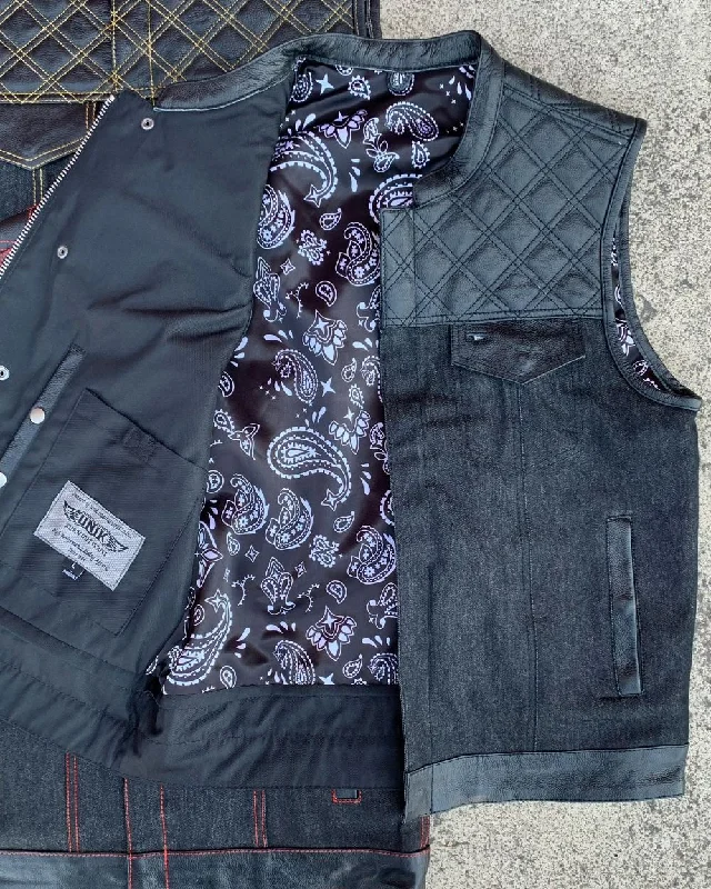 Men's Coats with Lining'Unik' Men's Paisley Lined Denim-Leather Vest - Black