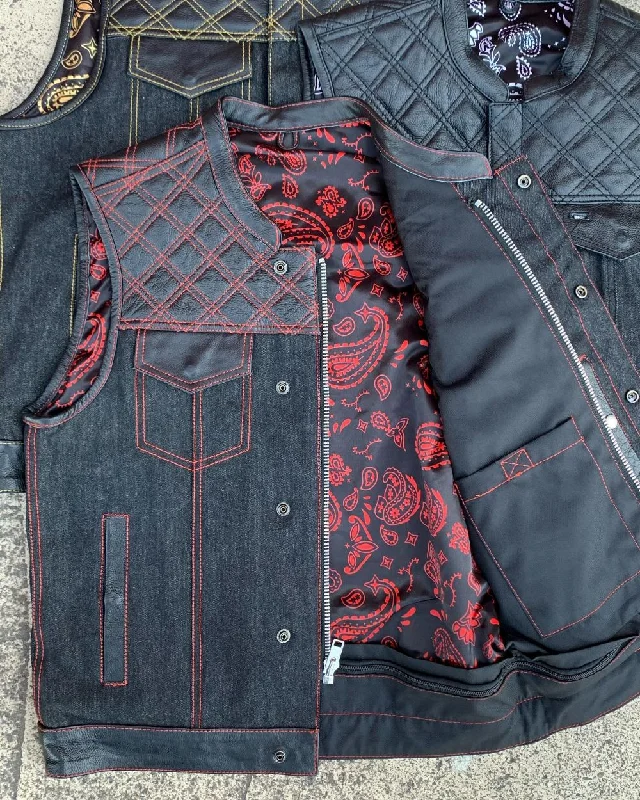 Men's Coats for Cold Weather'Unik' Men's Paisley Lined Denim-Leather Vest - Black / Red