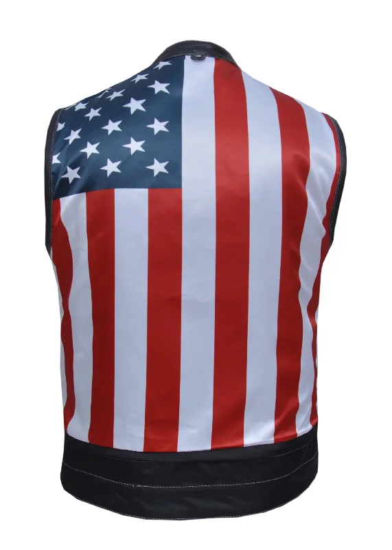 Luxurious Men's Cashmere Coats'Unik' Men's USA Flag Lined Leather Vest -Black