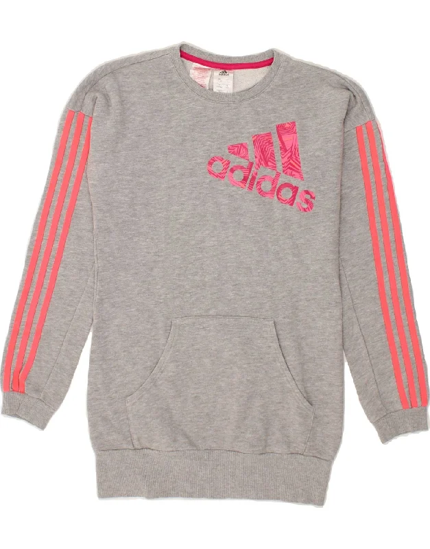 Men's Hoodies with Military InfluenceADIDAS Girls Graphic Sweatshirt Jumper Dress 13-14 Years Grey Cotton