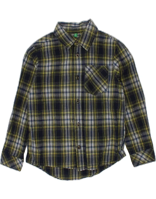 Casual Men's Button-Down ShirtsBENETTON Boys Shirt 6-7 Years Small Navy Blue Check Cotton