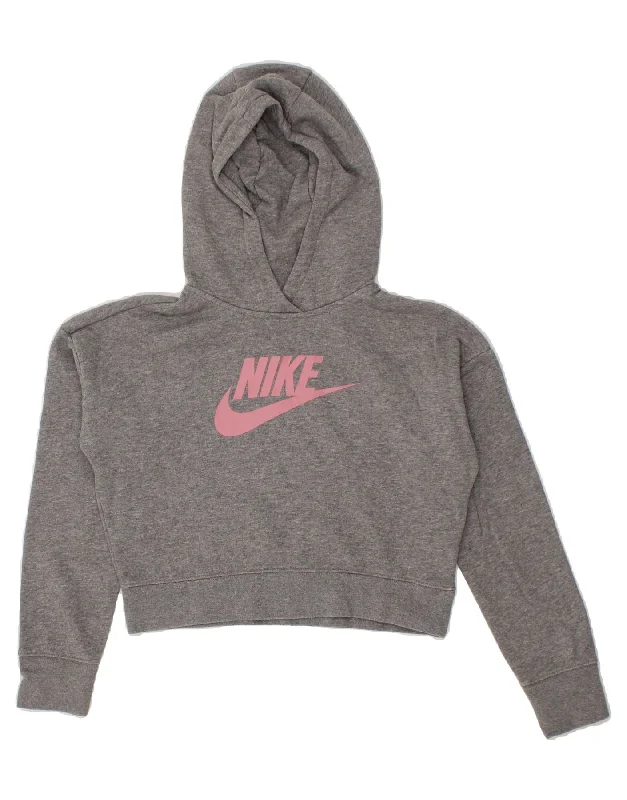 Men's Hoodies with Embroidered PatchesNIKE Girls Crop Graphic Hoodie Jumper 12-13 Years Large Grey Cotton